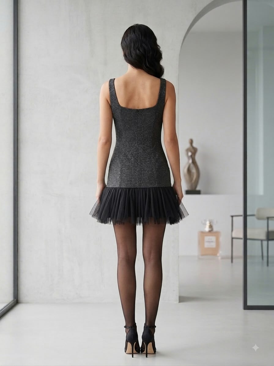 Glem Ruffle Black Short Dress