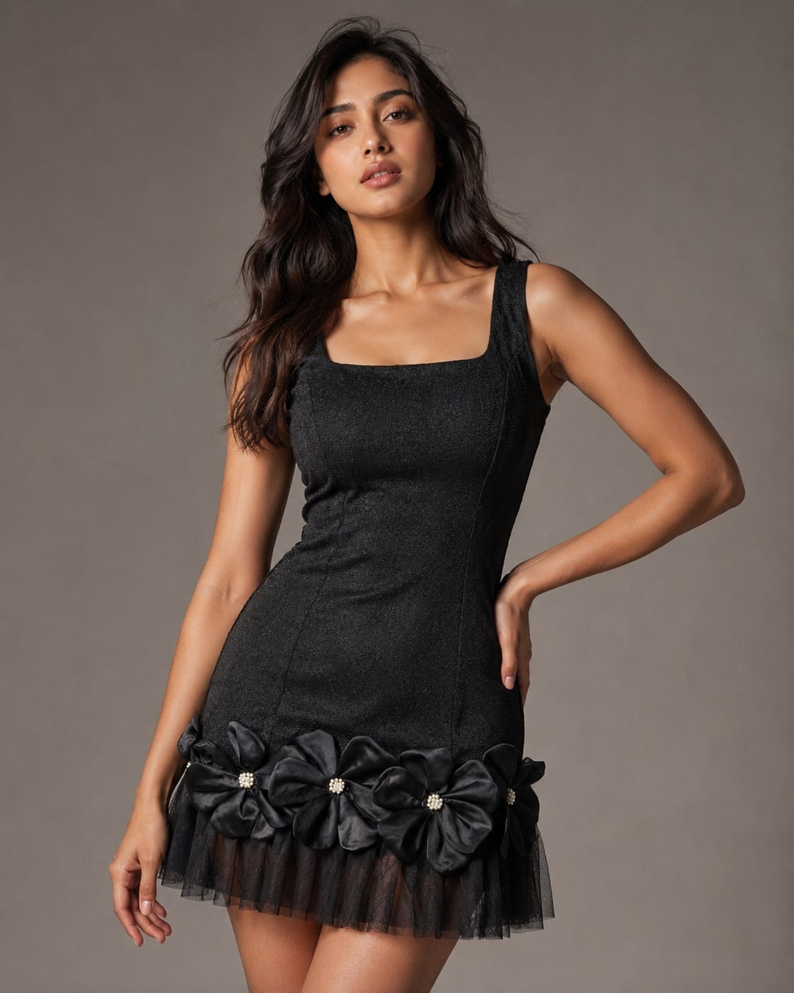 Glem Ruffle Black Short Dress